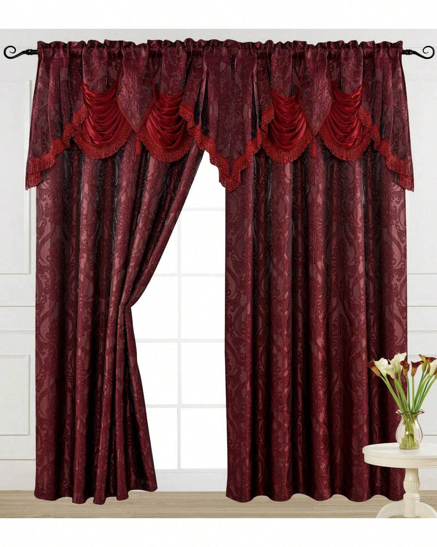 Luxury Fancy Jacquard Design Room Darkening Curtain Panel With Attached Waterfall Valance, 54 By 84-Inch Solid Plain Colors Rod Pocket Modern Semi Blackout For Living Room Bedroom And Dining Room
