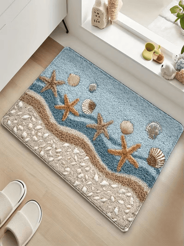 This Starfish And Seashell Beach Pattern Bathroom Mat Features A Coastal Design With Starfish And Seashells. Made Of Faux Cashmere, It's Available In Blue, Beige, And Cyan. Suitable For Kitchens, Bathrooms, Entryways, Bedrooms, And Home Decor.