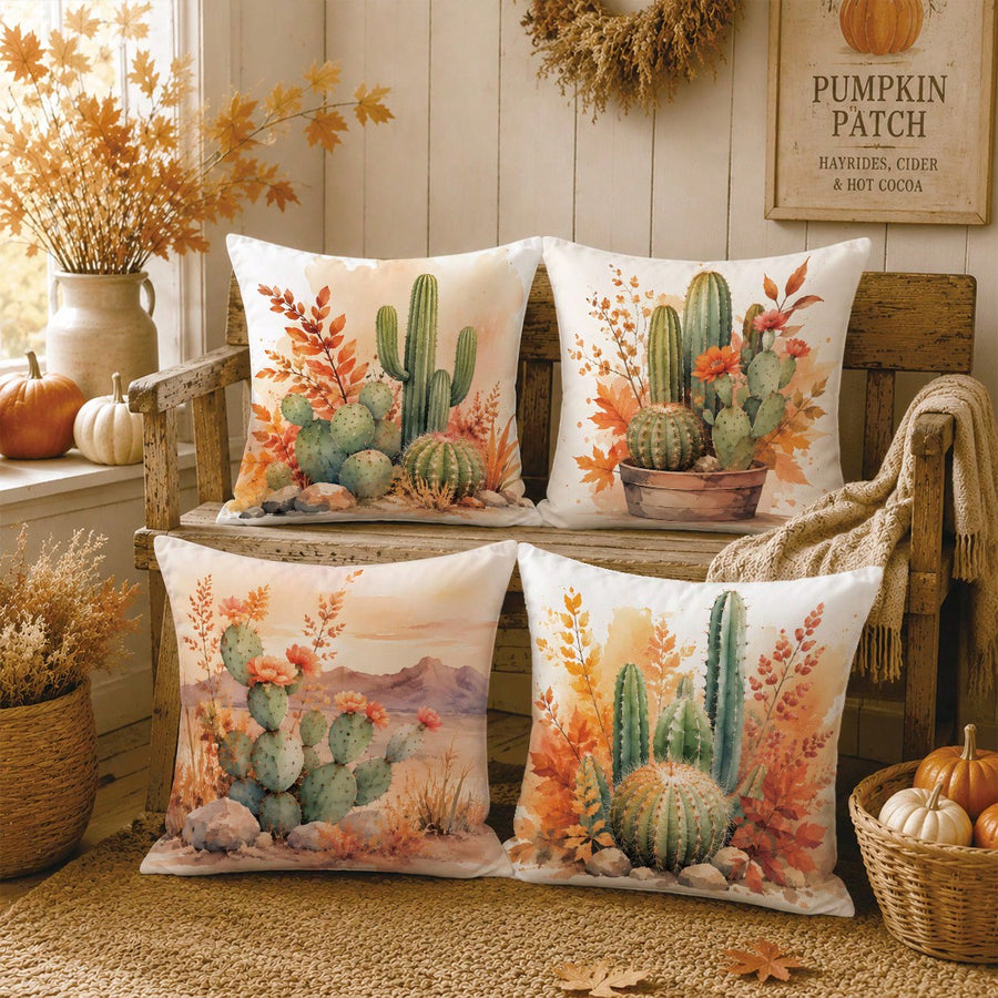 Autumn Fallen Leaves Desert Cactus Cushion Cover 4pcs Set, Single-Sided Printed Peach Skin Velvet Polyester Material, 45*45CM/18*18inch Pillow Covers Suitable For Room Decoration, Modern Minimalist Sofa Living Room Decor, Gift Giving, Party Decoration